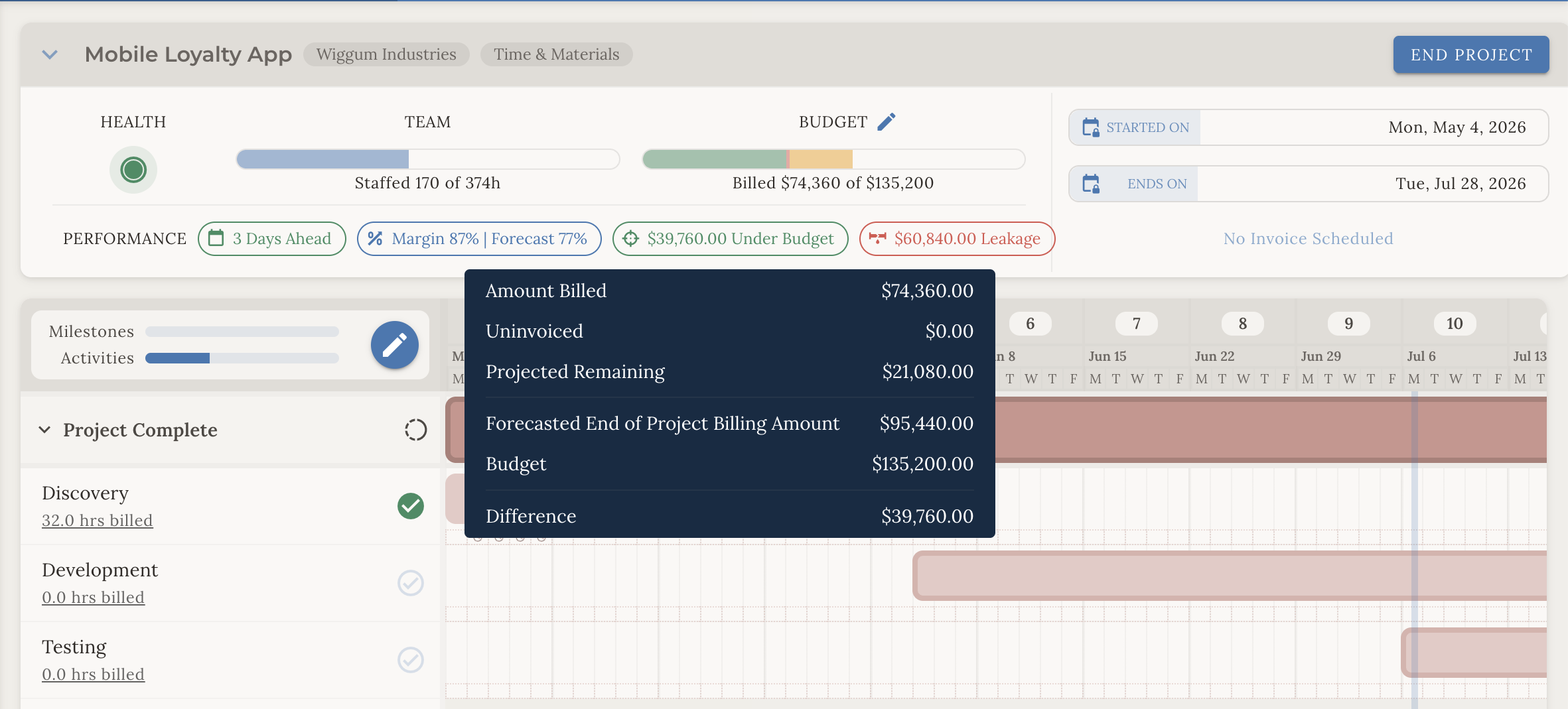 Project profitability dashboard
