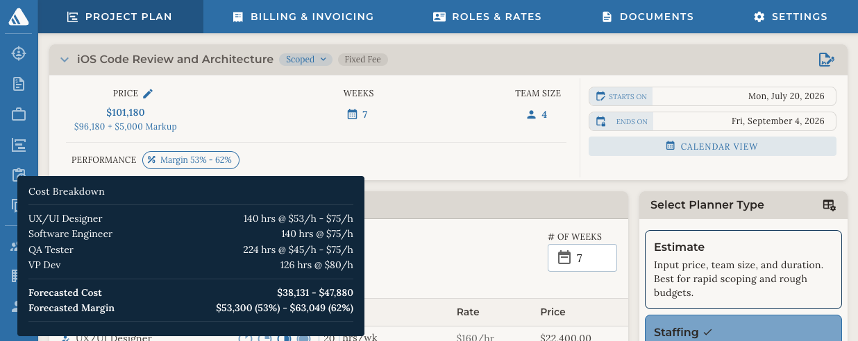 Project profitability dashboard