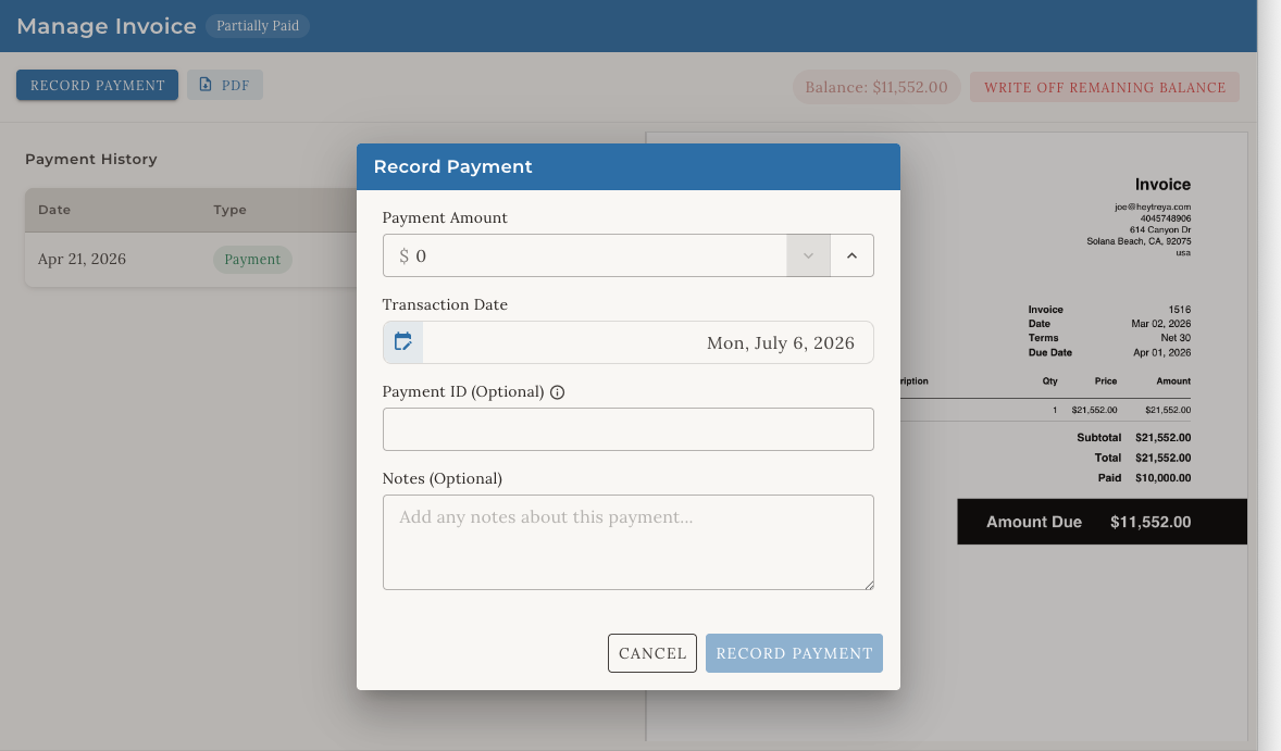 Record payment and track against expected amount