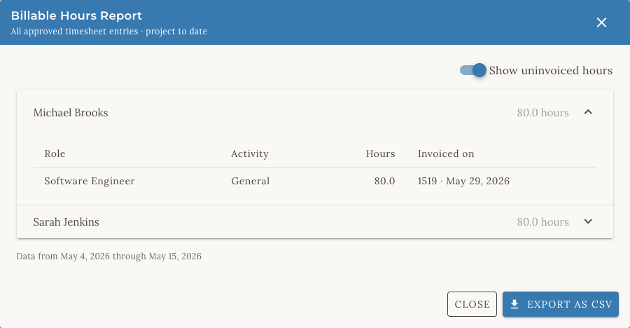 Project billable and non-billable hours view