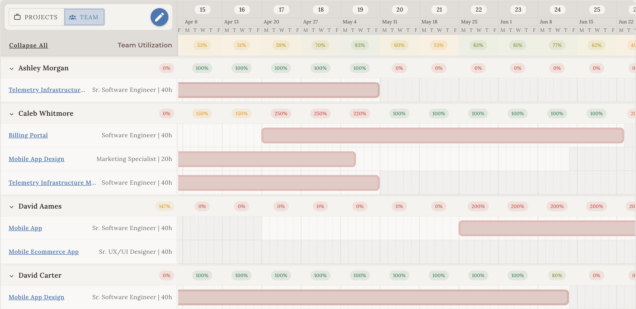 Team assignments at the project, portfolio, and team levels