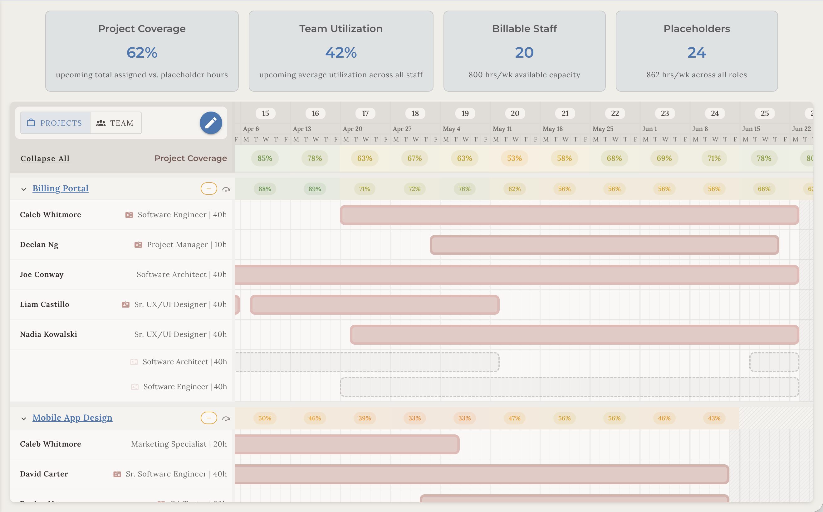 Resourcing and capacity screenshot