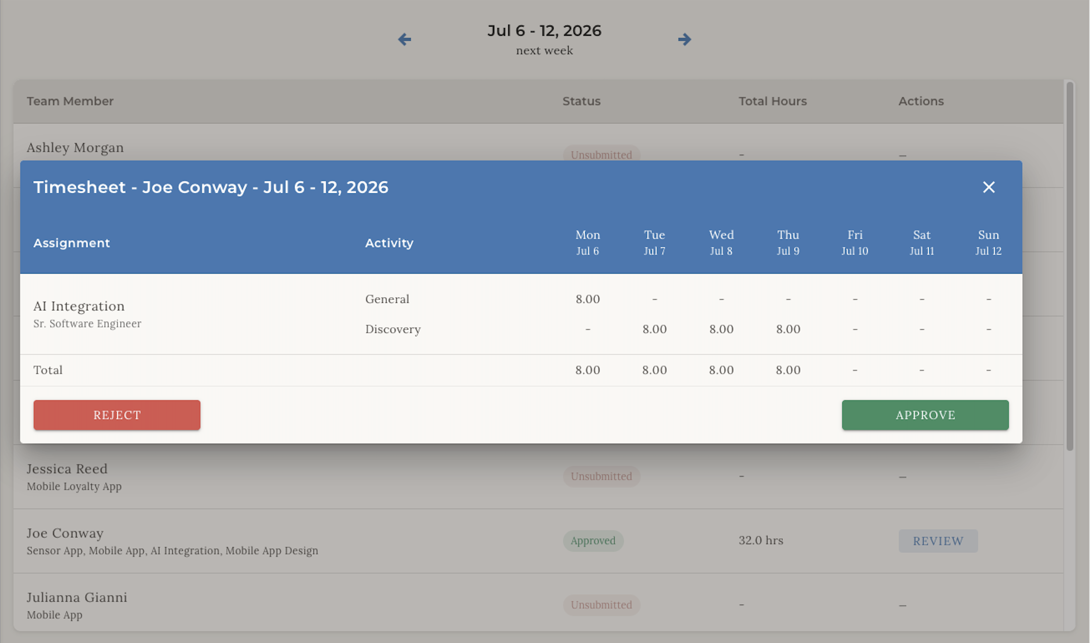Timesheet approval view